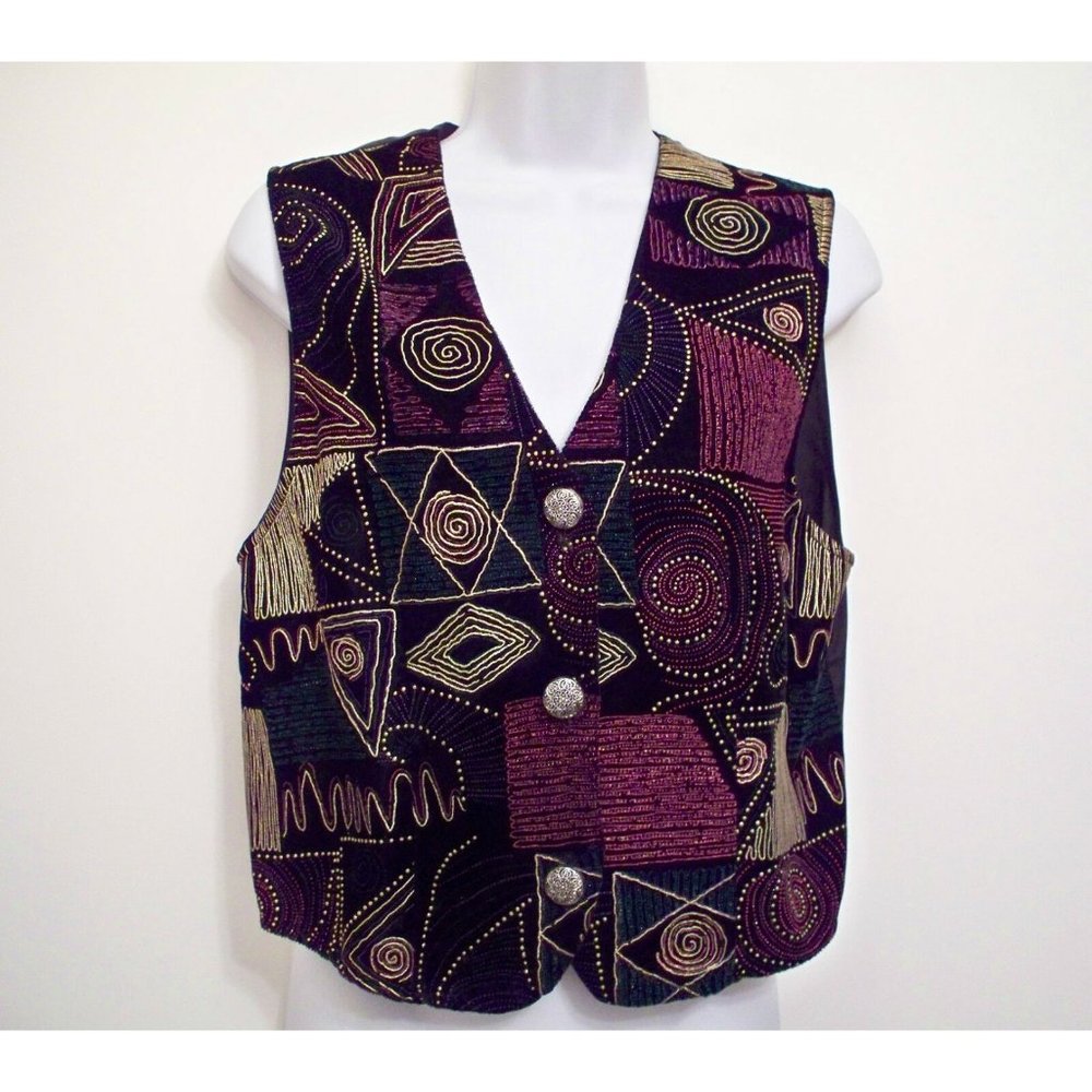 Dressbarn Vest Topper Sleeveless Layer S Black Velvet Holiday Artsy Red Gold 6-8